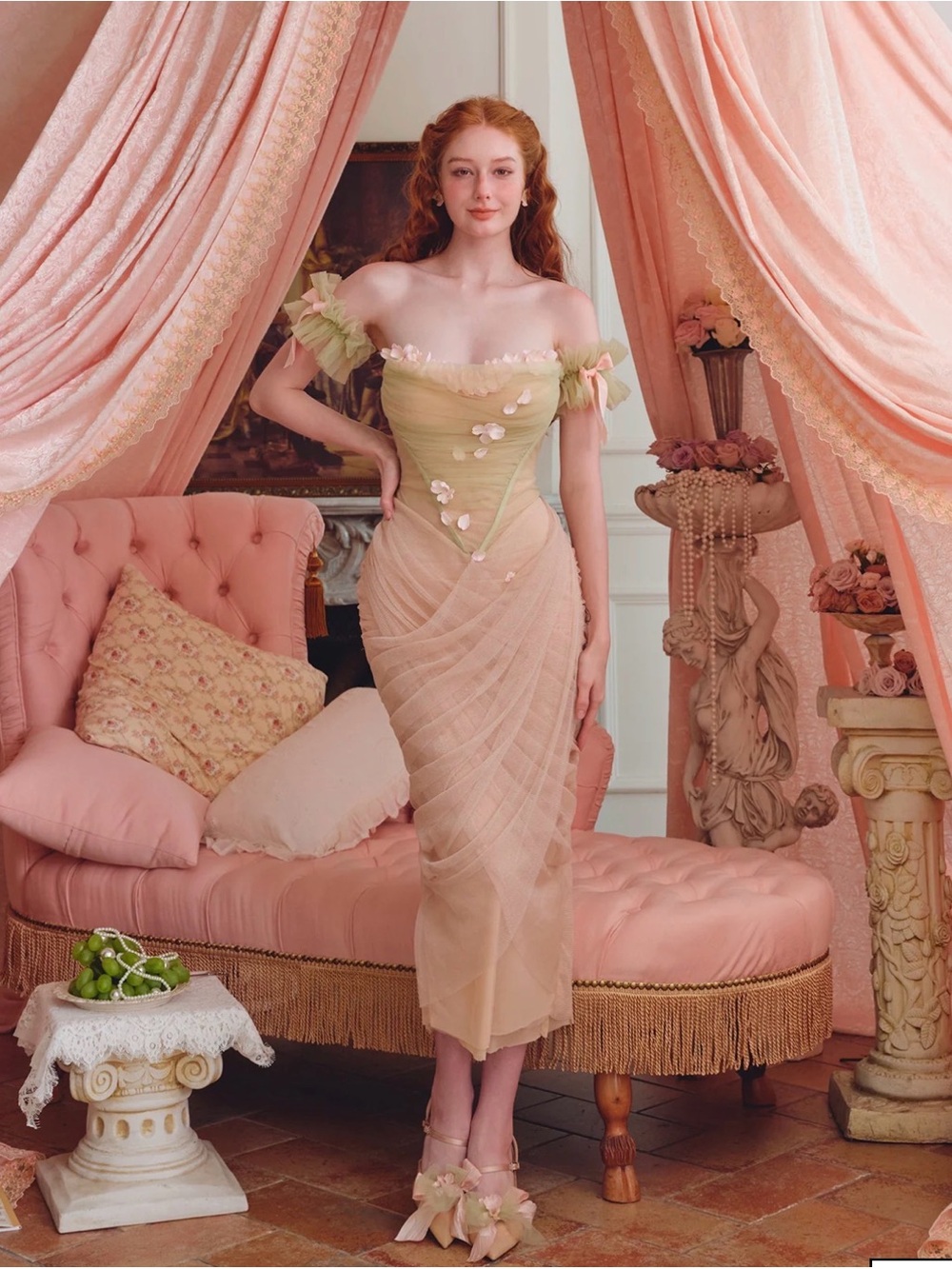 Delicate Off-Shoulder Tulle Dress in Blush and Sage